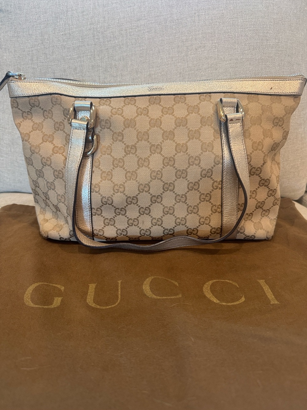 Gucci Monogram Abbey Medium Tote, Beige Canvas, Metallic Gold
